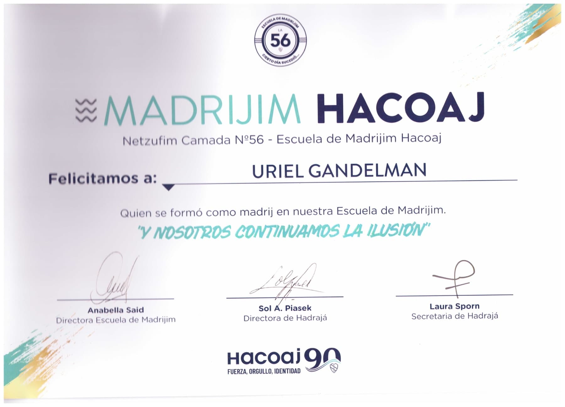 Escuela de Madrijim Hacoaj certificate for Uriel Gandelman