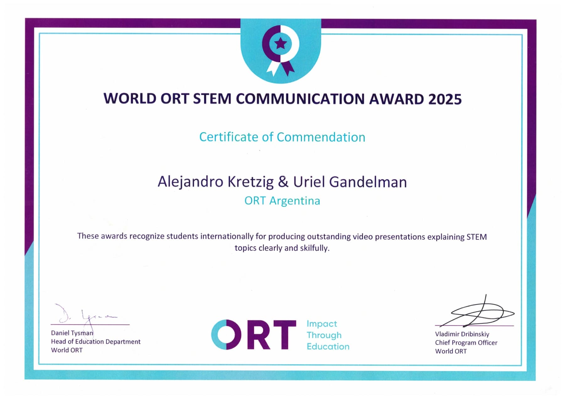 World ORT STEM Communication Award 2025 certificate of commendation